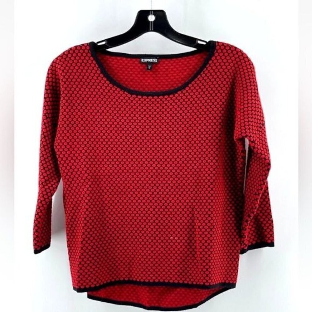 Express Women's Red Polka Dot 3/4 Sleeve Knit Boat Neck Sweater Size Medium